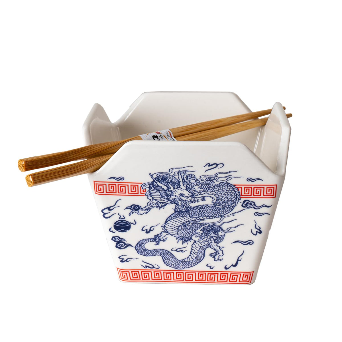 Urban Tokyo Chinese Takeout Box Style Porcelain Bowl With Chopsticks 18 fl oz Square Shape Rice Noodles Pasta To Go Box Shaped Bowl Microwave Dishwasher Safe (Classic Pagoda)