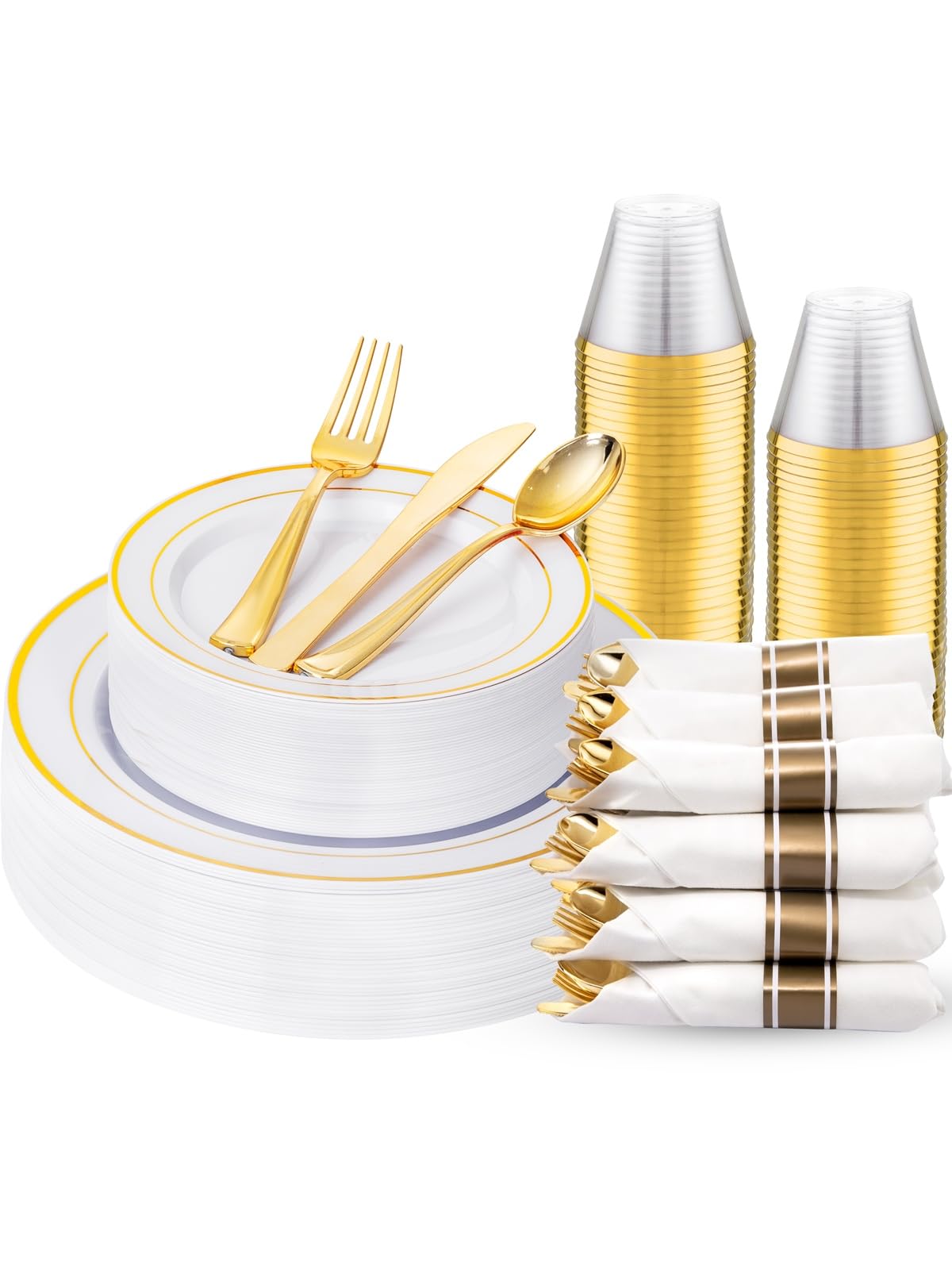 WDF Partyware 350Piece Gold Dinnerware Set for 50 Guests - Gold Plastic Plates with Disposable Cutlery - 50Dinner Plates-50Dessert Plates-50Pre Rolled Napkins with Silverware for Wedding/Birthday