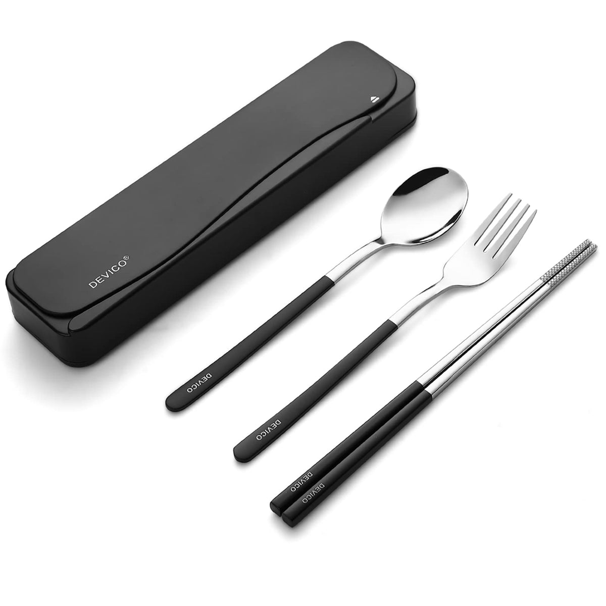 DEVICO Travel Utensils with Case, 4Pcs Portable Silverware Set for Work, 18/8 Stainless Steel Reusable Cutlery, Korean Spoon and Chopsticks Fork for Camping, School, Lunch Box Accessories (Black)
