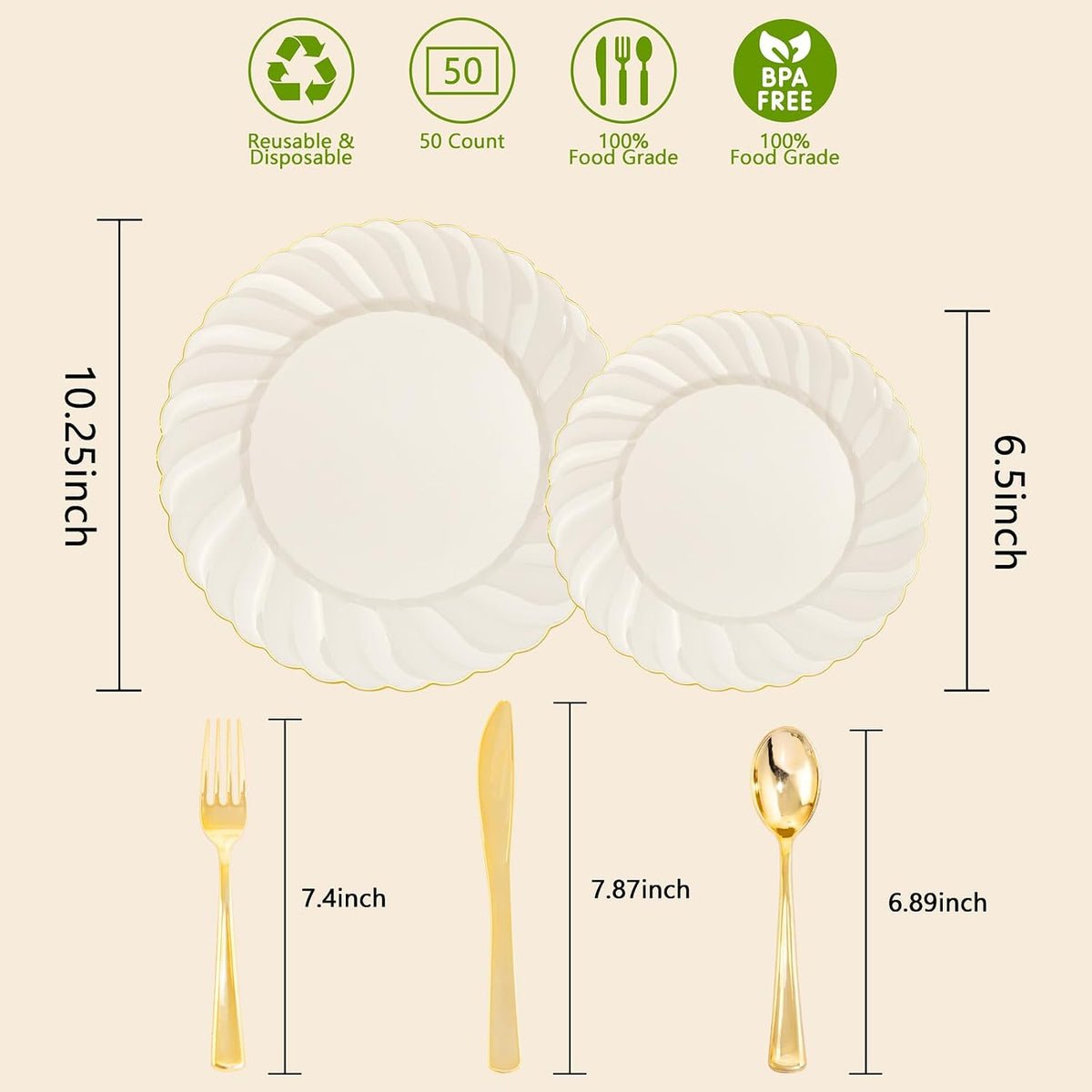 YOUBET 125PCS Ivory Scalloped Plastic Plates for Party Wedding