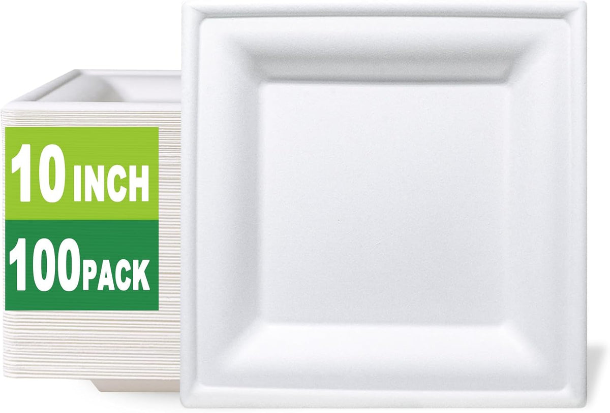 GreenWorks 100 Count 6 Inch Small Square Compostable plates, Heavy Duty Bagasse and Bamboo Fiber Plates