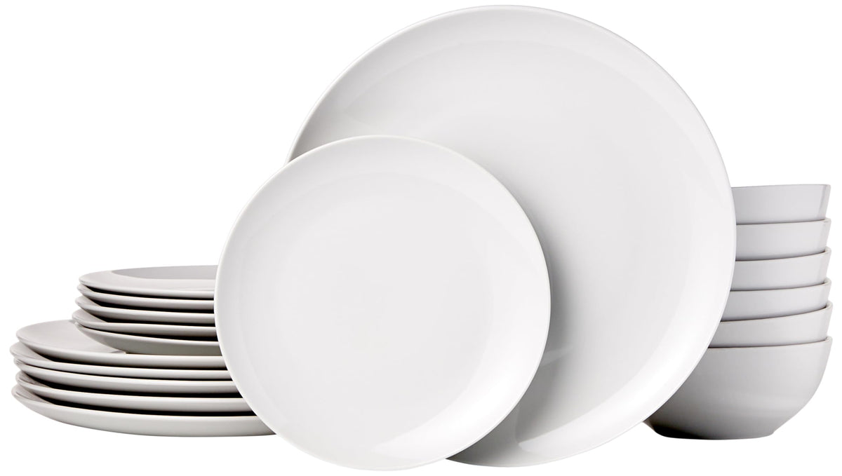 Amazon Basics 18-Piece Complete Kitchen Dinnerware Set, Microwave and Dishwasher Safe, Plates, Dishes, Bowls for Everyday Use, Service for 6, White Porcelain Coupe