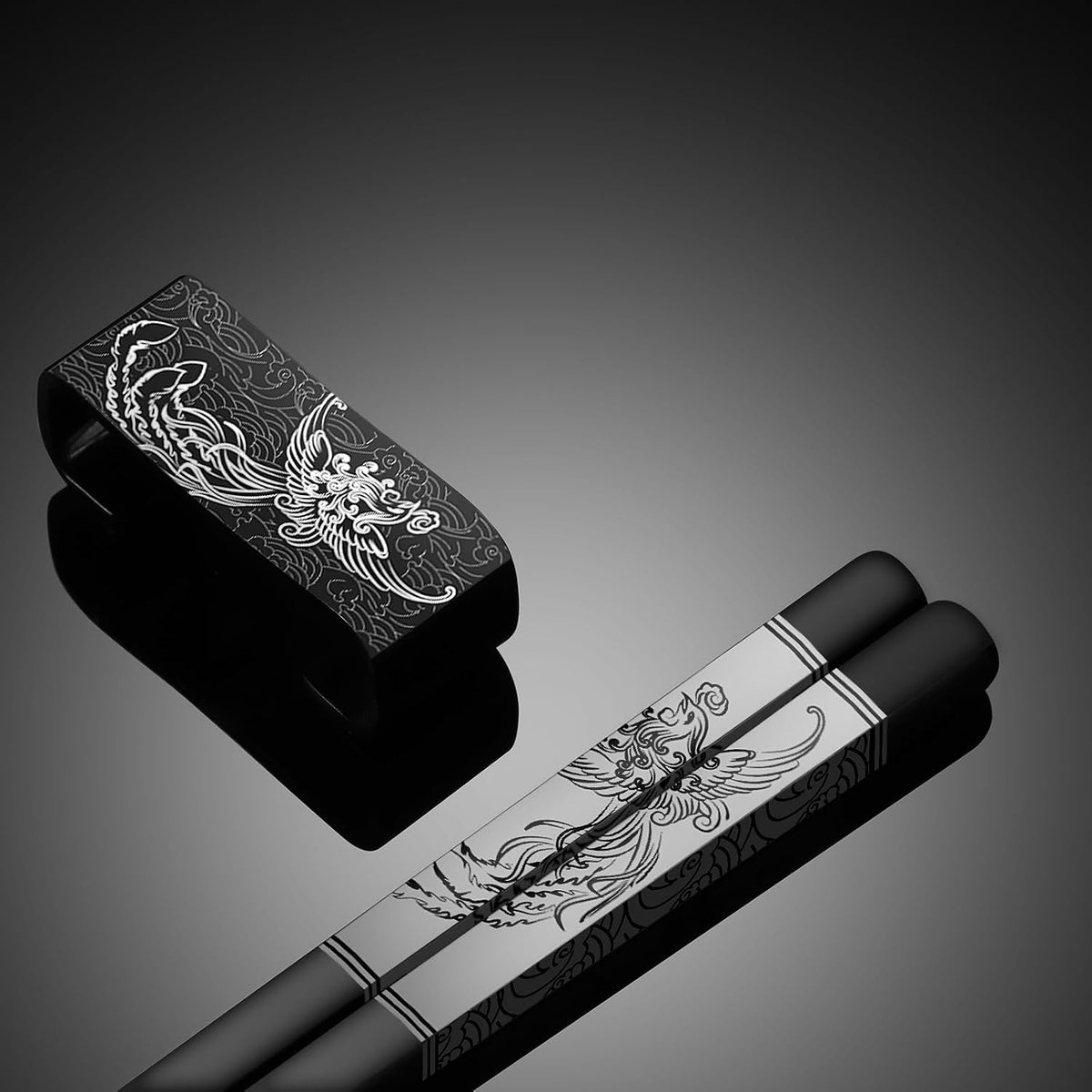 Dragon & Phoenix Stainless Steel Chopsticks Set - 4 Pairs 18/8 (304) Metal Chopsticks with Holder - Chinese Traditional Gift Set, Non-Slip, Dishwasher Safe, Elegant Black Gift Box