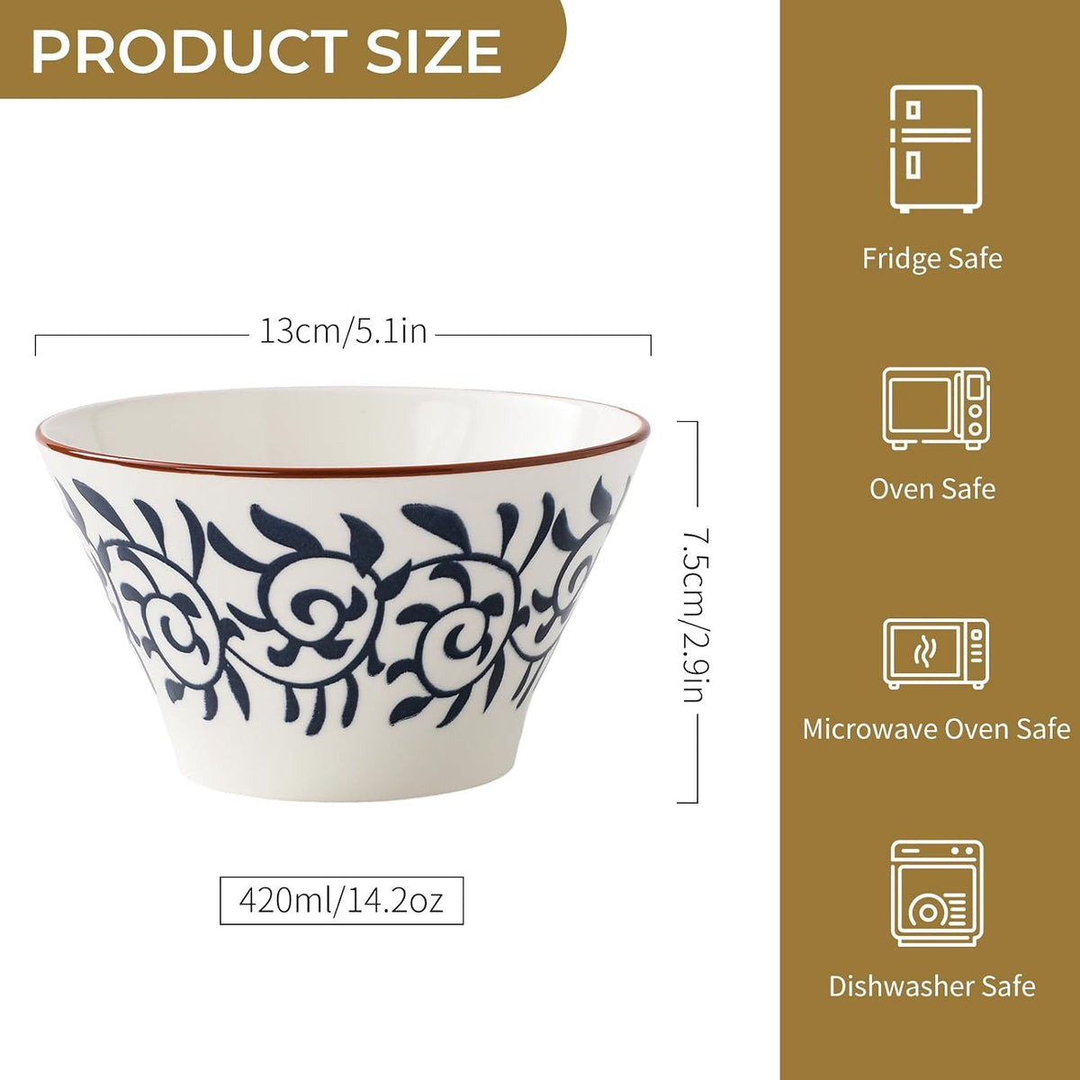 Rice Bowls,14oz Ceramic Bowl Set for 6,Miso Soup Bowls,Cute Bowls,Serving Bowls for Soup,Dessert,Snack,Fruit (Blue&White