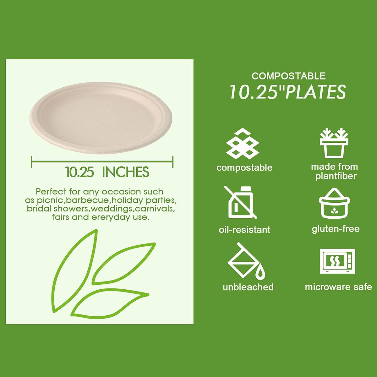 Vplus 150 Pack Compostable Bagasse Paper Plates 10.25 inch, Nature