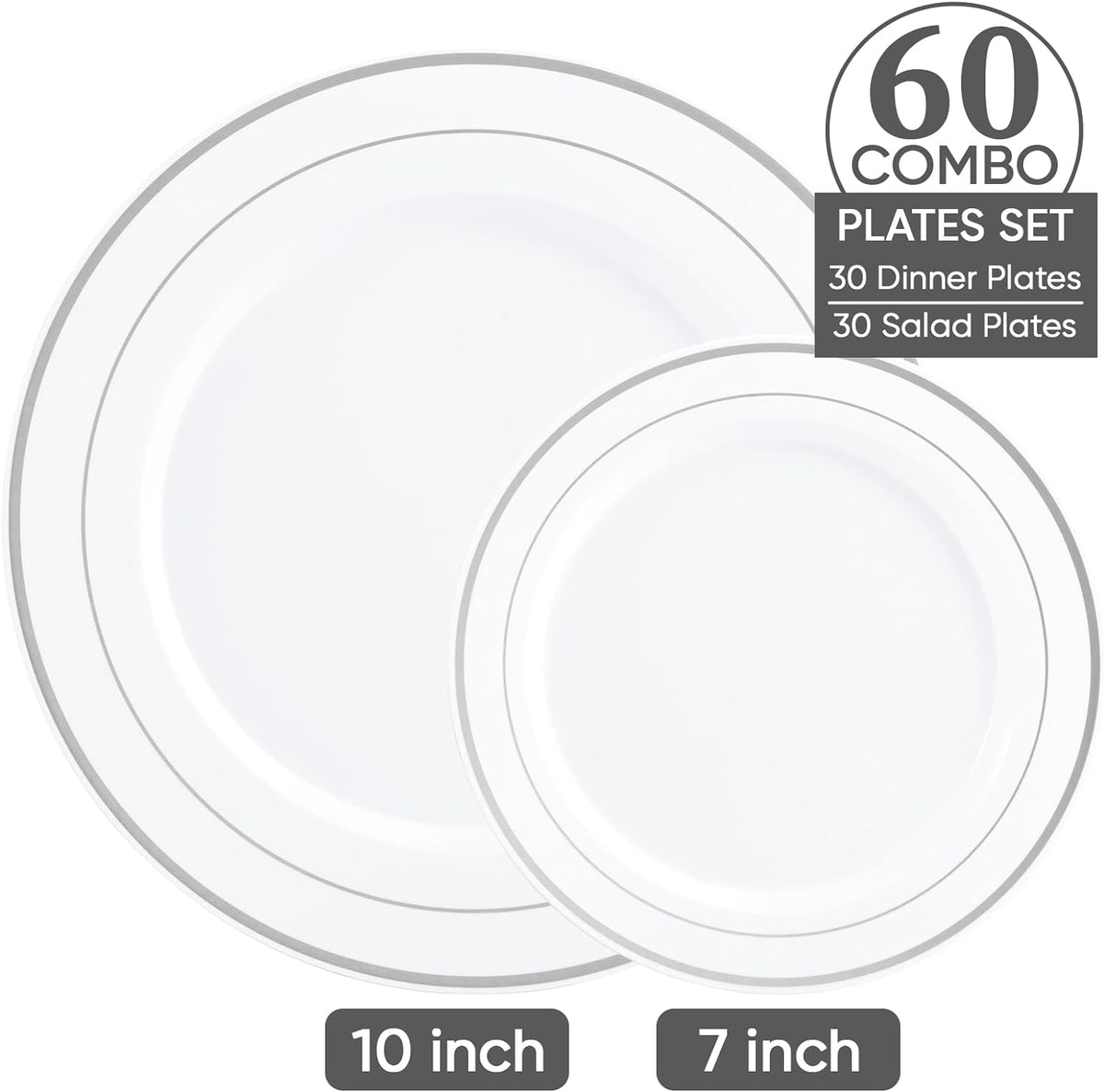 FOCUSLINE Silver Plastic Plates Set of 60,Disposable Plates with Silver Rim