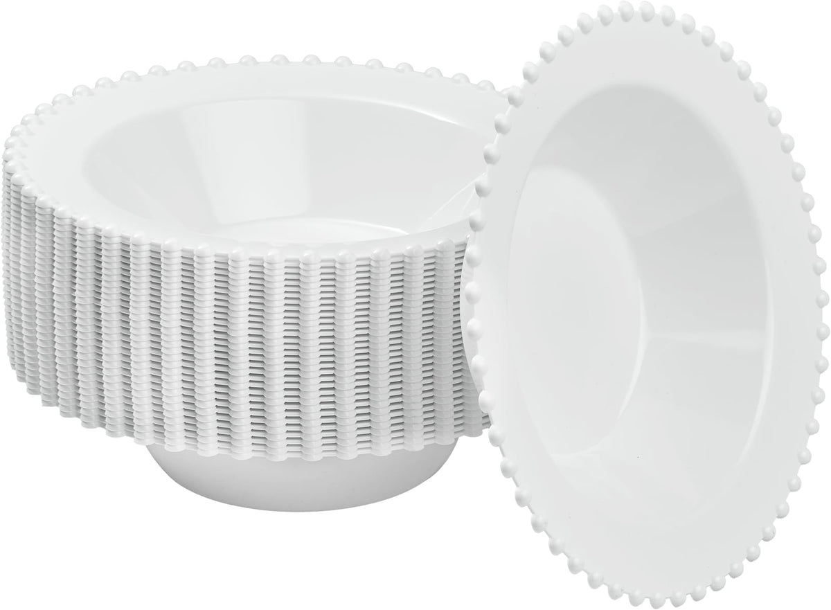 PLASTICPRO 32 Piece Combo Plastic Dinner Plates Disposable Plastic Fancy Heavy Duty Party Dishes 7 inch and 10 inch, White Beaded