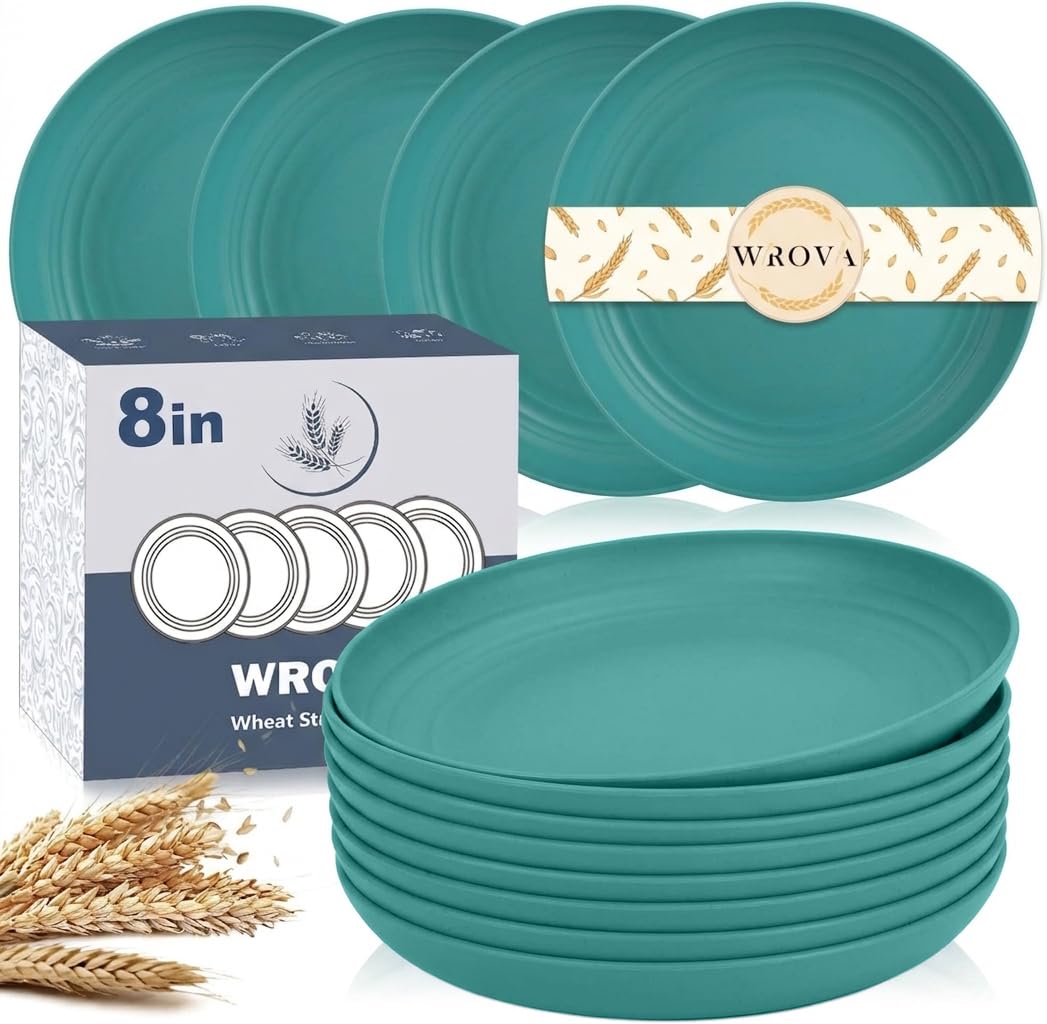 Wrova Large Wheat Straw Dinner Plates - 11 Inch Unbreakable Set of 8 - Dishwasher & Microwave Safe, Deep Edge for Kitchen and Camping (Black)
