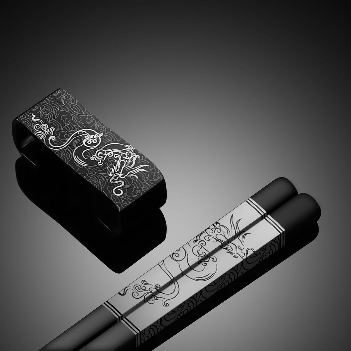 Dragon & Phoenix Stainless Steel Chopsticks Set - 4 Pairs 18/8 (304) Metal Chopsticks with Holder - Chinese Traditional Gift Set, Non-Slip, Dishwasher Safe, Elegant Black Gift Box