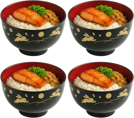 JapanBargain 2989 Japanese Plastic Soup Bowls, Bunny and Moon Pattern, 4.25-Inch Rice & Cereal Bowls, Lacquer Finish, Made in Japan, 4 Pack