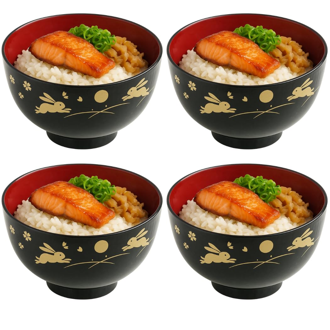 JapanBargain 2989 Japanese Plastic Soup Bowls, Bunny and Moon Pattern, 4.25-Inch Rice & Cereal Bowls, Lacquer Finish, Made in Japan, 4 Pack