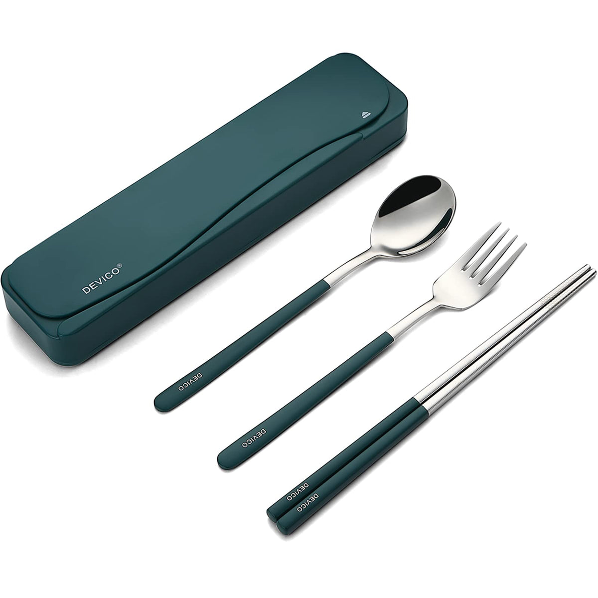 DEVICO Travel Utensils with Case, 4Pcs Portable Silverware Set for Work, 18/8 Stainless Steel Reusable Cutlery, Korean Spoon and Chopsticks Fork for Camping, School, Lunch Box Accessories (Black)