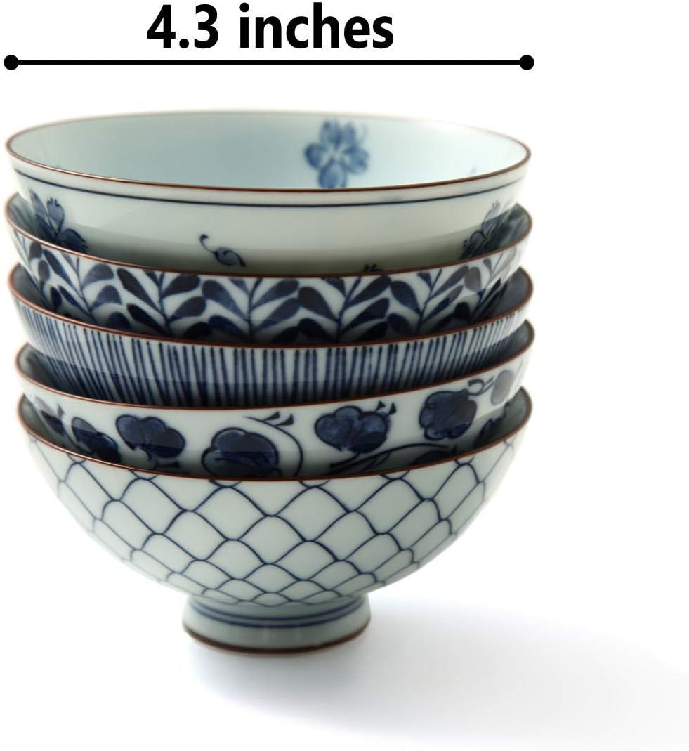 Mino Ware Japanese Pottery Set - Traditional Rice Bowls - Blue and White Asian Bowls - Hand Painted - Premium Ceramic - 5 Piece Soup Bowl Set