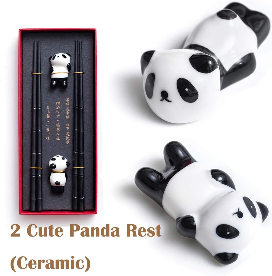 HauSun 2 Pairs Chopsticks and Chopstick Rest Gift Set- Dishwasher Safe Reusable Fiber Glass Chopsticks + Porcelain Cute Panda Chopstick Holder, Non-slip Chinese Japanese Style, Black