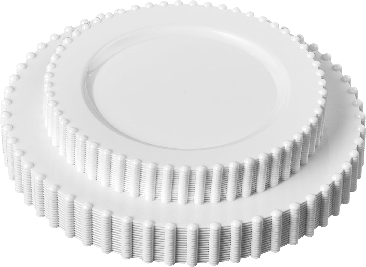 PLASTICPRO 32 Piece Combo Plastic Dinner Plates Disposable Plastic Fancy Heavy Duty Party Dishes 7 inch and 10 inch, White Beaded