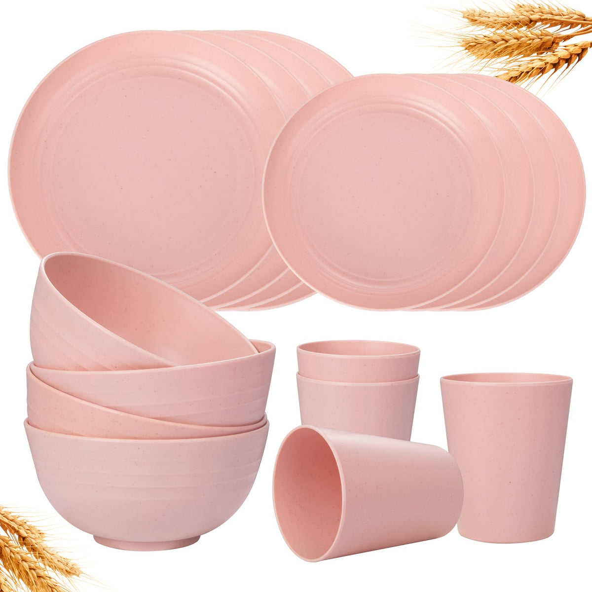 Rubtlamp Wheat Straw Dinnerware Sets, 16PCS Plastic Dinnerware Set for 4, Wheat Straw Plates and Bowls Sets, Unbreakable Dinnerware Plastic Microwave Safe Dishes Set for Kitchen&Camping