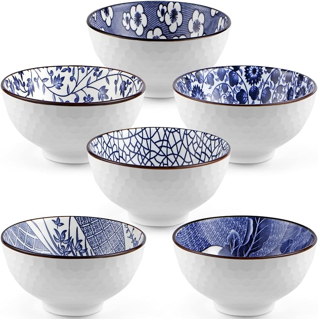 Ceramic Rice Bowls 10 oz, Japanese Style Bowl Gift Set, Assorted Dinnerware Serving Bowls for Cereal, Soup, Dessert, Snack, Fruit, Salsa, Pack of 6 (Blue and White)