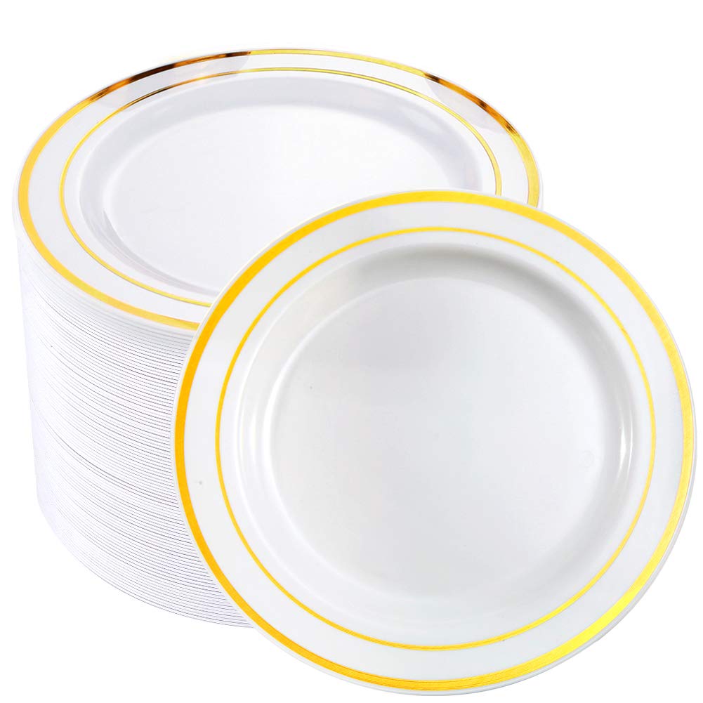 bUCLA 100 Pieces Black and Gold Plastic Dinner Plates - 10.25 inch Black Disposable Plates with Gold Rim - Ideal for Party, Graduation & New Year