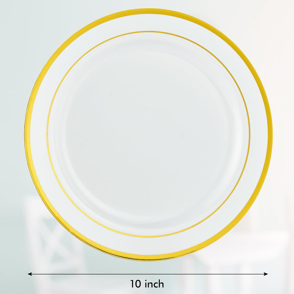 Vplus 100 Pack 10 in Gold Rimmed White Disposable Plastic Plates for Party