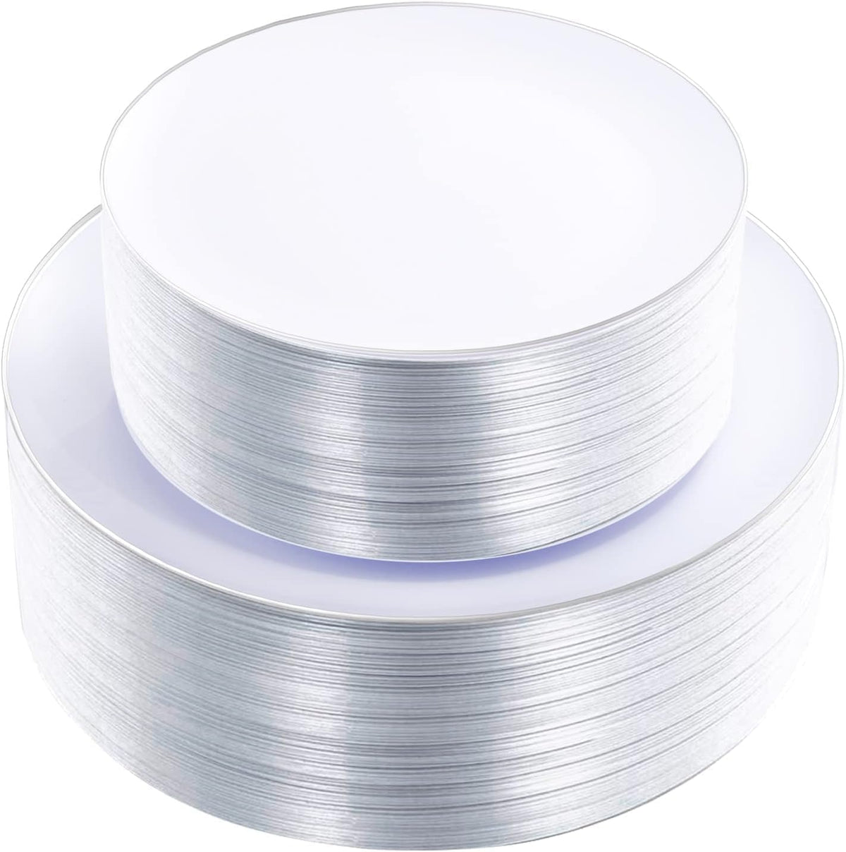 KIRE 100PCS White Plates with Gold Trim - Plastic Disposable Plates - Includes 50Pieces 10.25inch Dinner and 50Pieces 7.5inch Dessert/Salad Plastic Plate for Wedding Receptions/Party/Thanksgiving