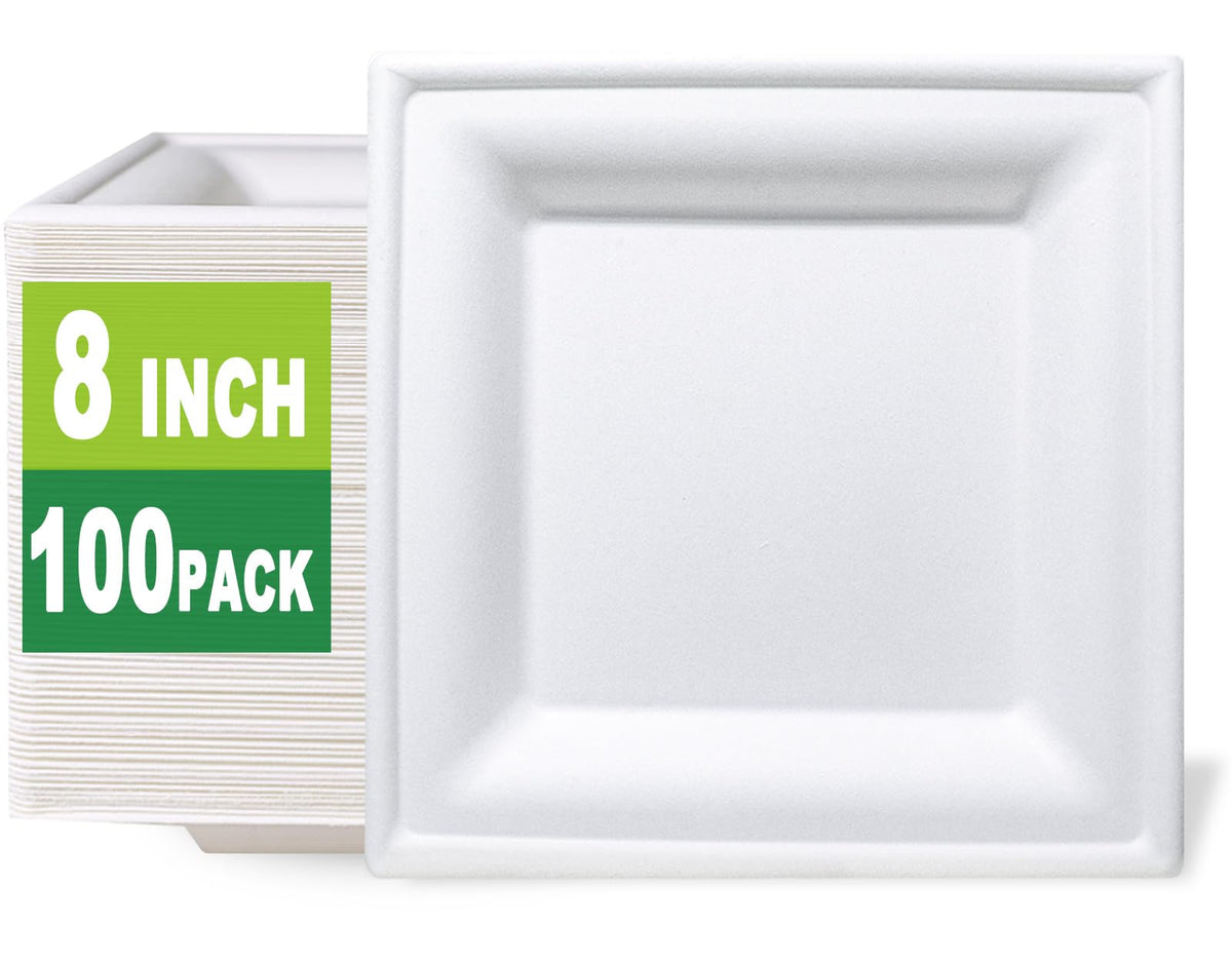 GreenWorks 100 Count 6 Inch Small Square Compostable plates, Heavy Duty Bagasse and Bamboo Fiber Plates