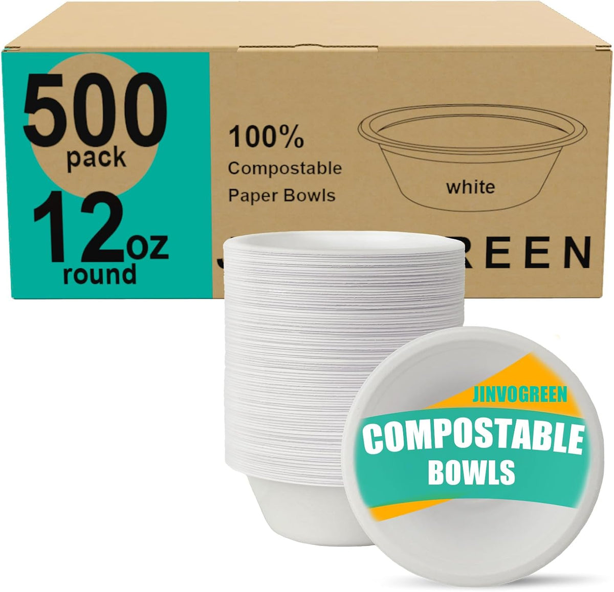 JINVOGREEN Paper Bowls, 500 Count 12 oz Compostable Paper Bowls Bulk, White