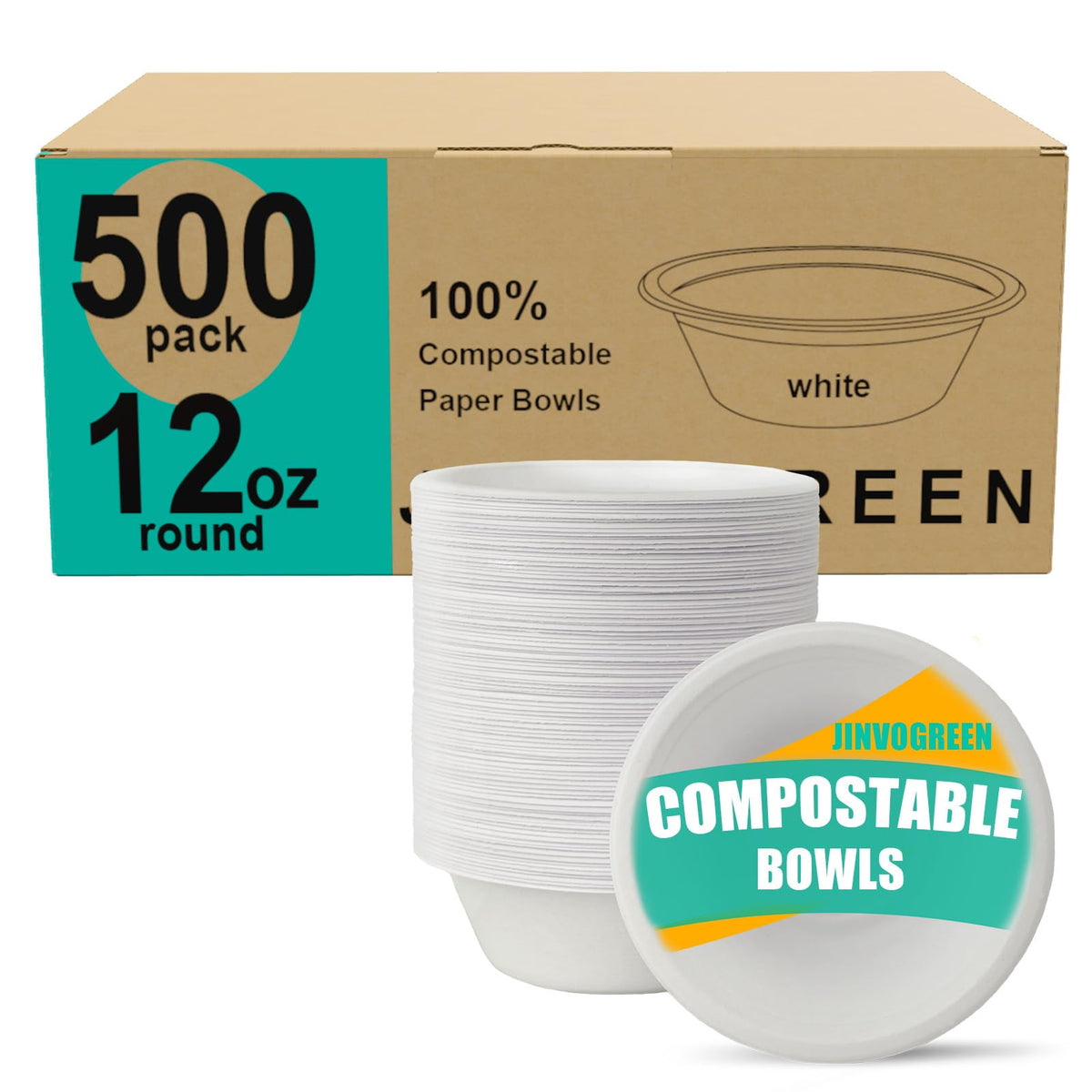 JINVOGREEN Paper Bowls, 500 Count 12 oz Compostable Paper Bowls Bulk, White