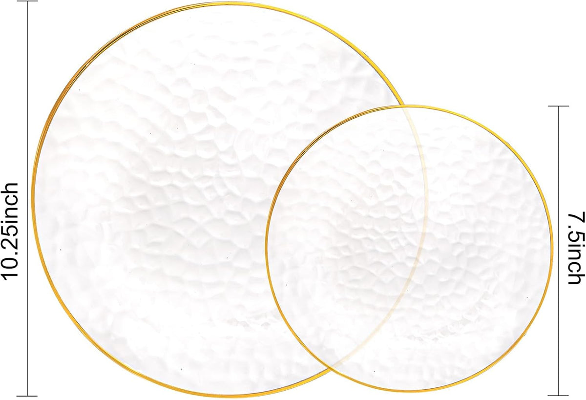 Rubtlamp 100Pcs Clear Gold Plastic Plates, Disposable Plates With Gold Rim, Heavy-duty Party Platos, Hammered Plastic Plates Include 50 Clear Dessert Plates, 50 Dinner Plates for Party