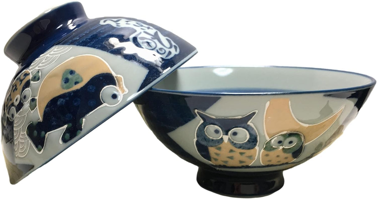 Japanese Mino Ware Ceramic Rice Bowl Set, 4.84 Inches Diameter x H2.56 Inches, 13.3 Fluid Ounces Set of 2 from Japan (Rabbits and Flowers Design)