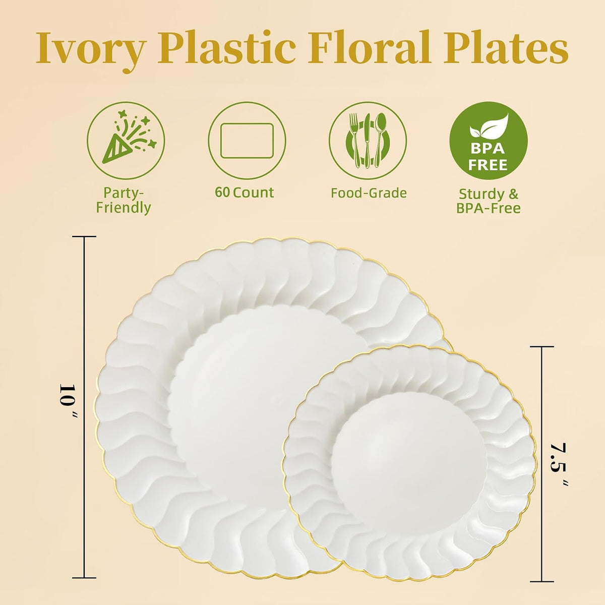 Lullaby 60PCS Ivory Scalloped Plastic Plate with Gold Rim for Party Wedding