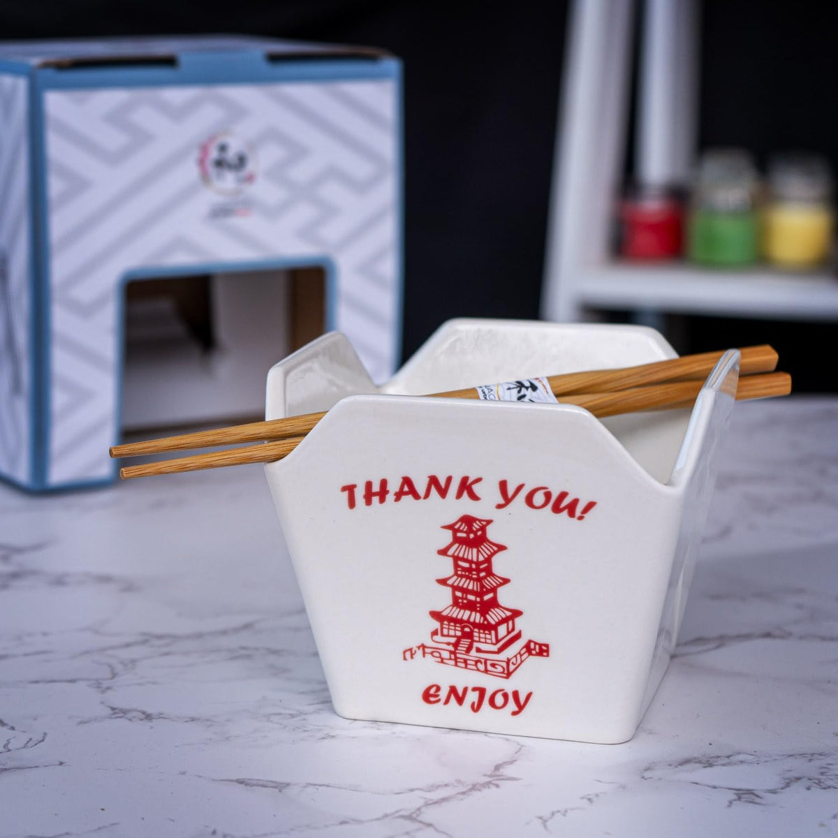 Urban Tokyo Chinese Takeout Box Style Porcelain Bowl With Chopsticks 18 fl oz Square Shape Rice Noodles Pasta To Go Box Shaped Bowl Microwave Dishwasher Safe (Classic Pagoda)