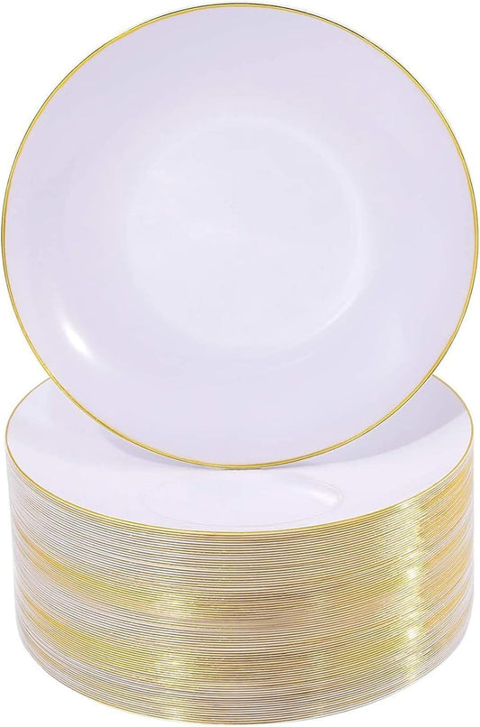 Nervure 100PCS White with Gold Rim Plastic Plates, 7.5″ Disposable Plates