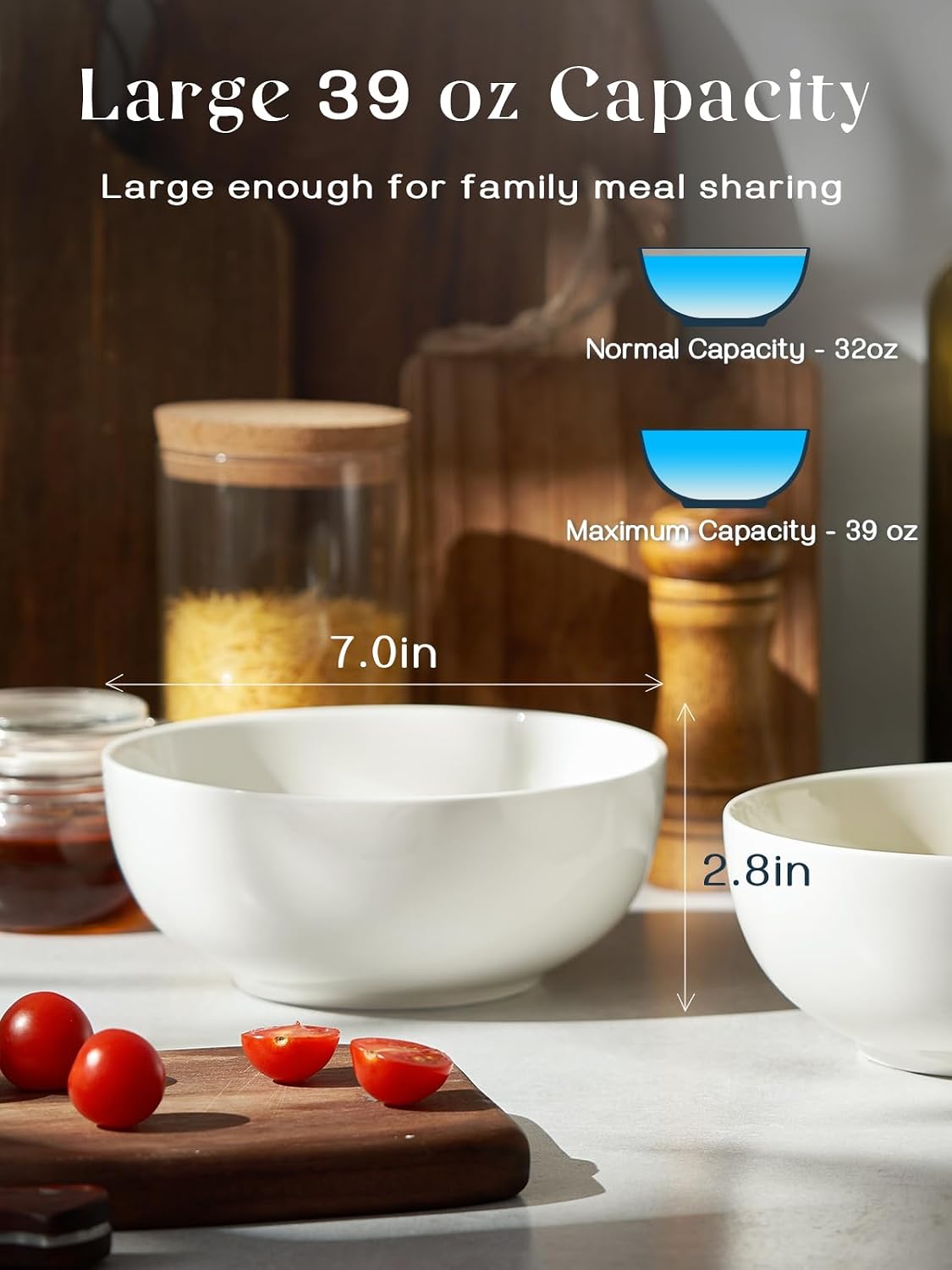 DOWAN 39 OZ Soup Bowls Set of 4 - Large Cereal Bowls, White Ceramic Big and Deep Ramen Bowls for Noodle, Pasta, Salad, Mixed Fruit - Dishwasher & Microwave Safe
