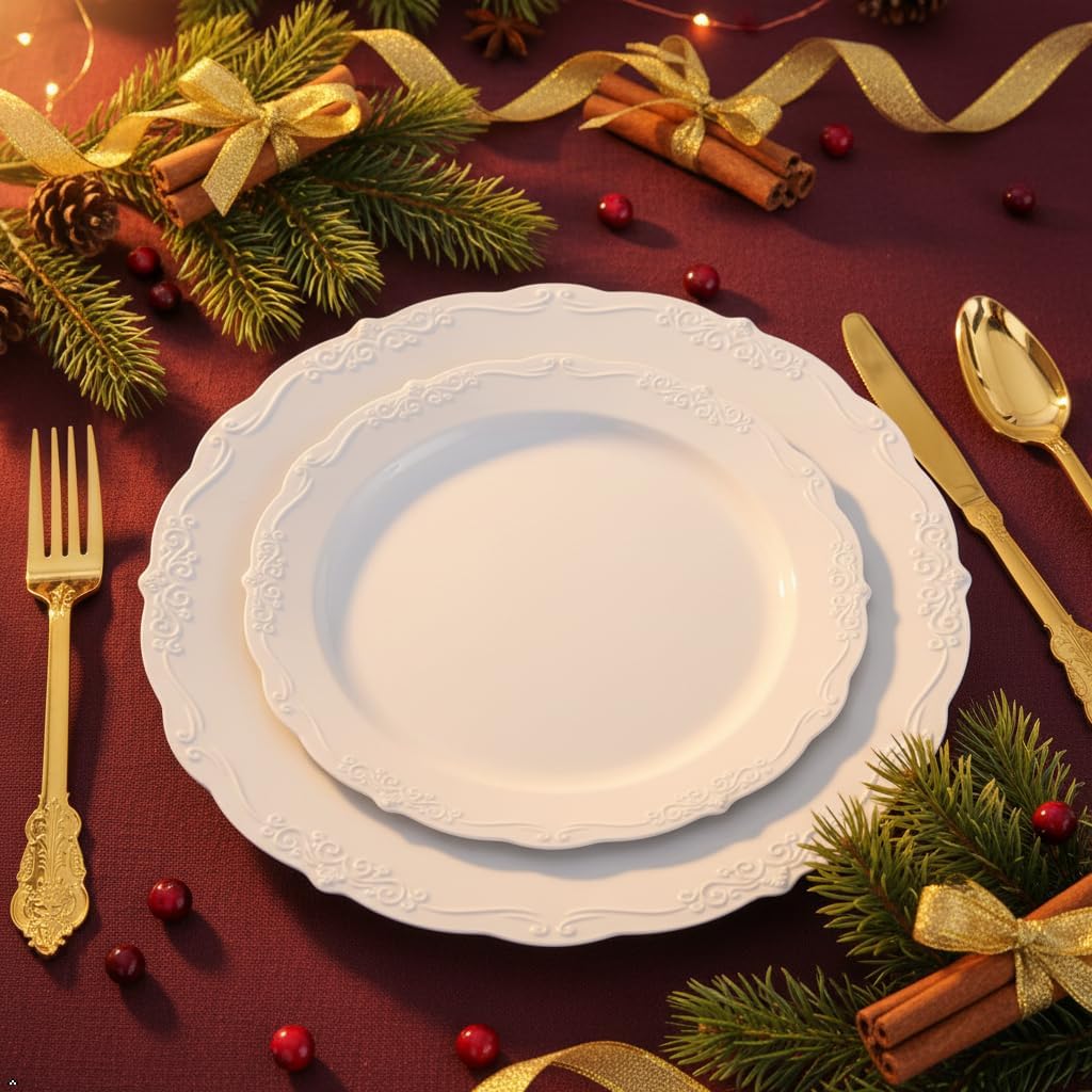 U-QE 100 Pcs White Plastic Plates, White Plates Disposable for Party