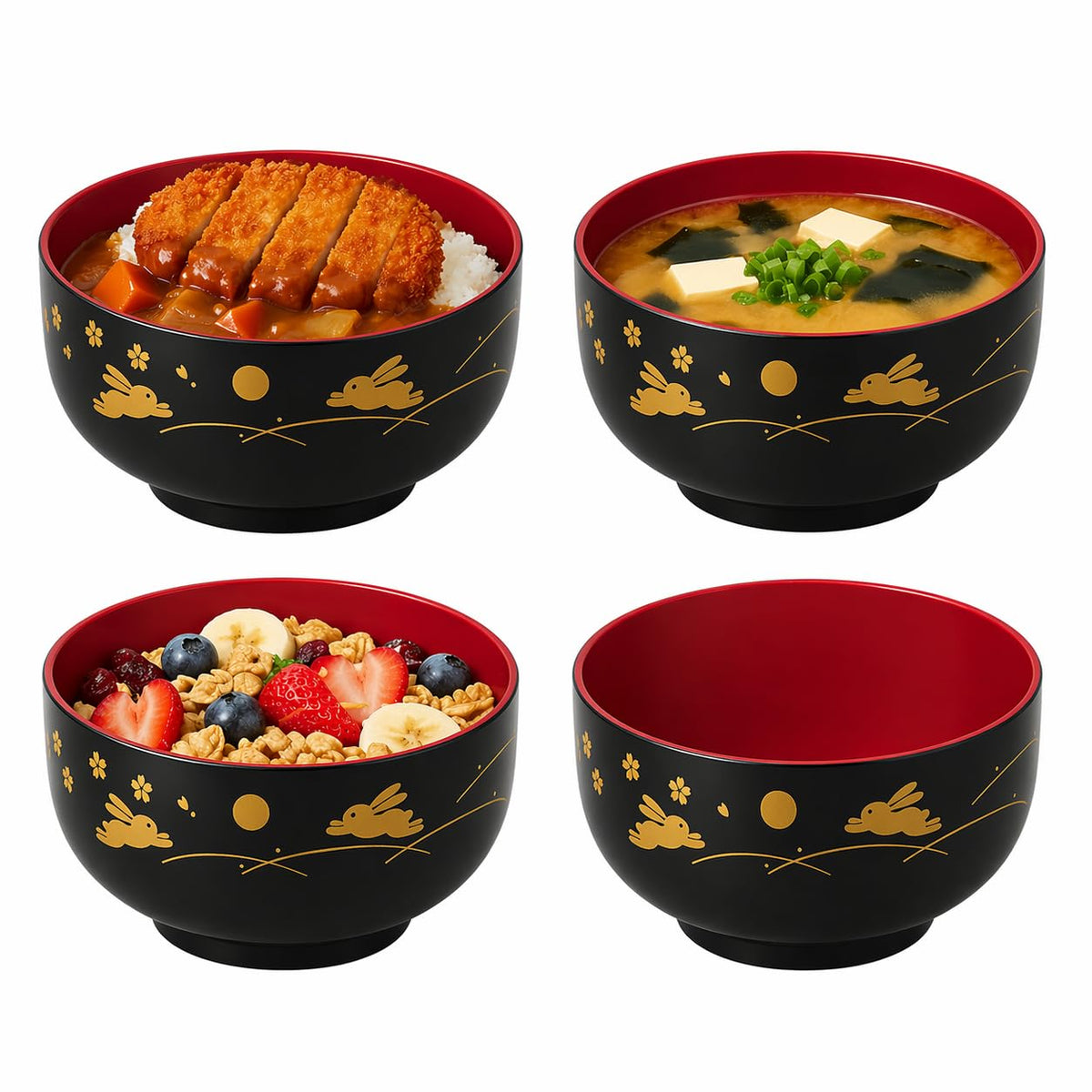 JapanBargain 2989 Japanese Plastic Soup Bowls, Bunny and Moon Pattern, 4.25-Inch Rice & Cereal Bowls, Lacquer Finish, Made in Japan, 4 Pack