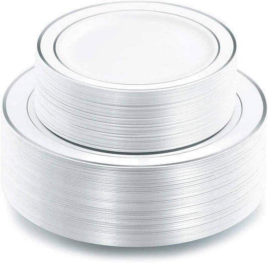 I00000 102 Pcs Silver Plastic Plates, Premium Silver Disposable Plates
