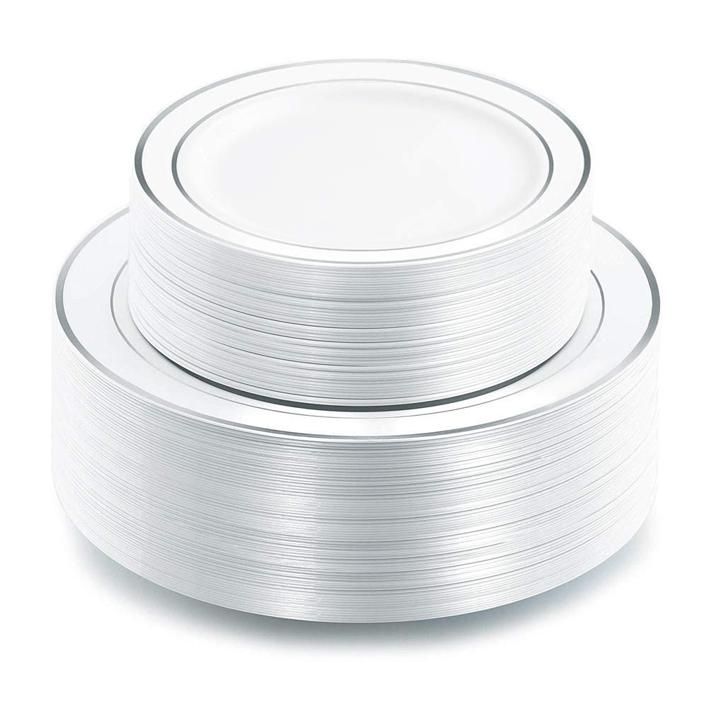 I00000 102 Pcs Silver Plastic Plates, Premium Silver Disposable Plates