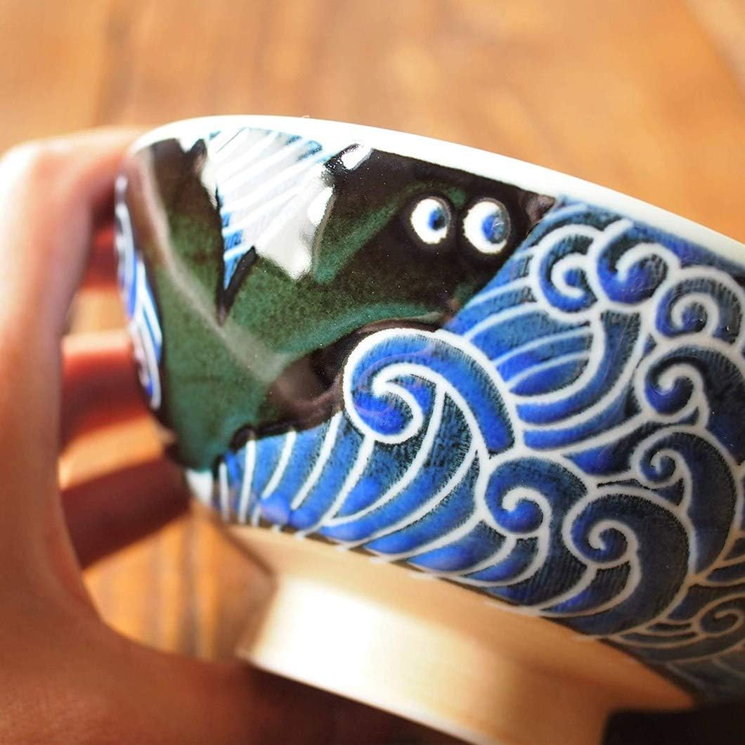 Minorutouki Rice Bowl Extra Large White Wave Whale Blue φ5.8×H2.6in 7.76oz Made in Japan