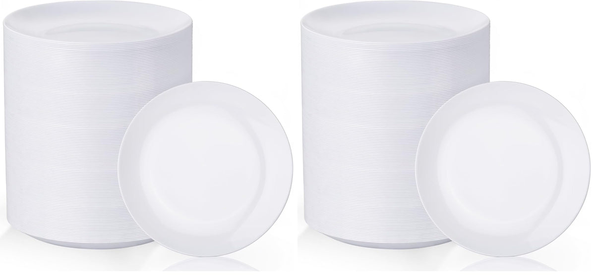 Nervure 100PCS White with Gold Rim Plastic Plates, 7.5″ Disposable Plates