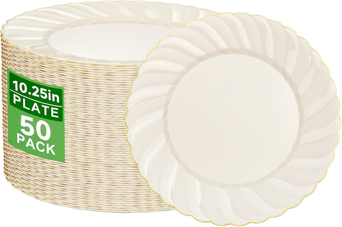 YOUBET 100Pack Ivory Scalloped Plastic Plates for Parties