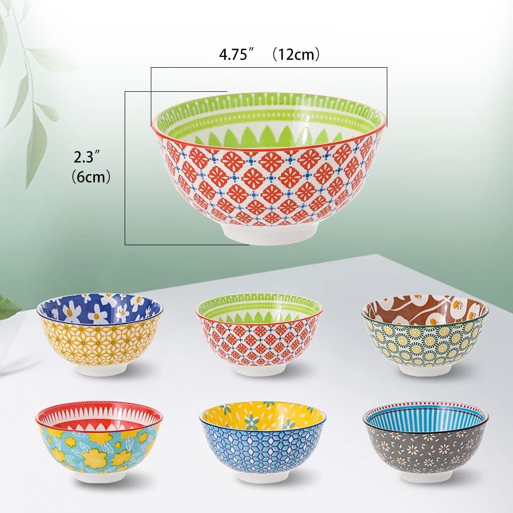 Ceramic Bowl Set Small Bowls - 6 Little Porcelain Dessert Bowls Set - 10 oz for Rice | Soup | Snack | Side Dishes | Yogurt | Ice Cream - Coloful Cute Dish Set - Microwave | Dishwasher Safe - 4.75 Inch