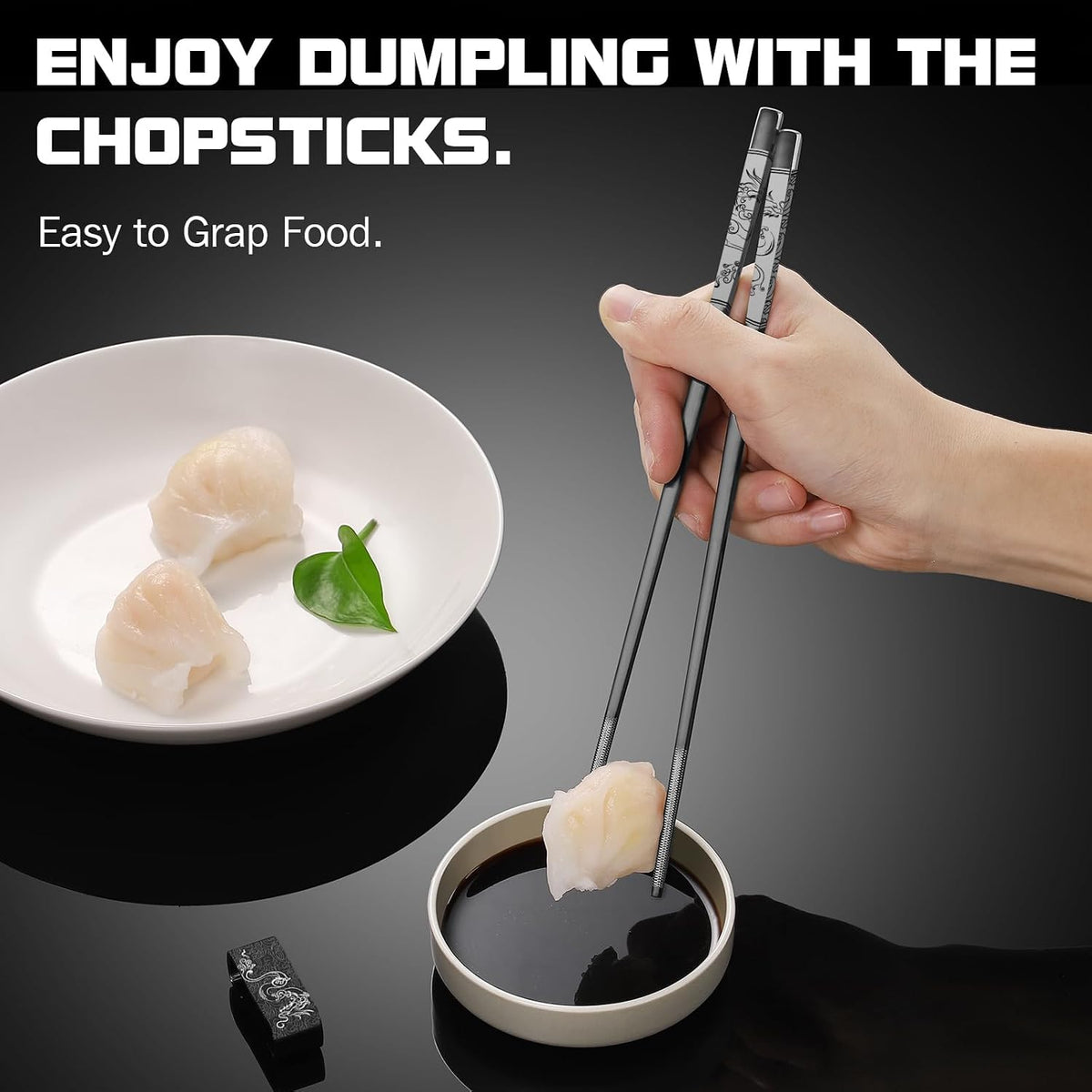 Dragon & Phoenix Stainless Steel Chopsticks Set - 4 Pairs 18/8 (304) Metal Chopsticks with Holder - Chinese Traditional Gift Set, Non-Slip, Dishwasher Safe, Elegant Black Gift Box