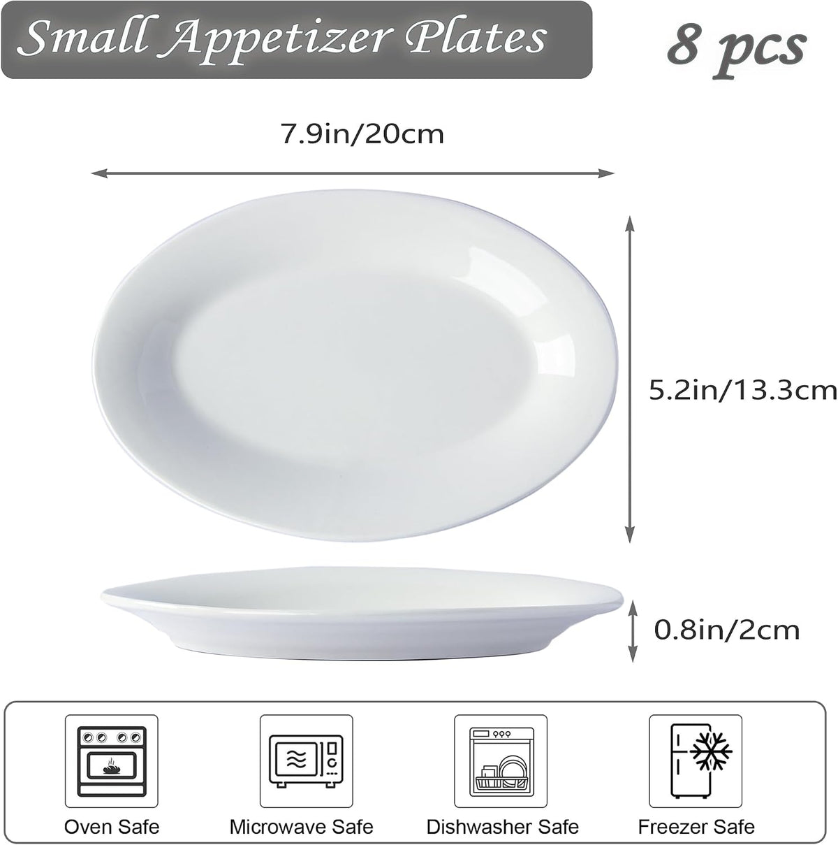 8 Inch Oval Ceramic Plate Set of 8, Ceramic Salad Plates Set