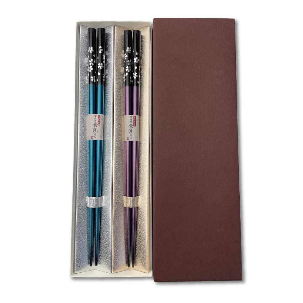 Premium Japanese Chopsticks Reusable 2pcs set [ Made in Japan ] Traditional Lacquer Art Wooden Chopsticks (Flower Navy/Purple(YM204))