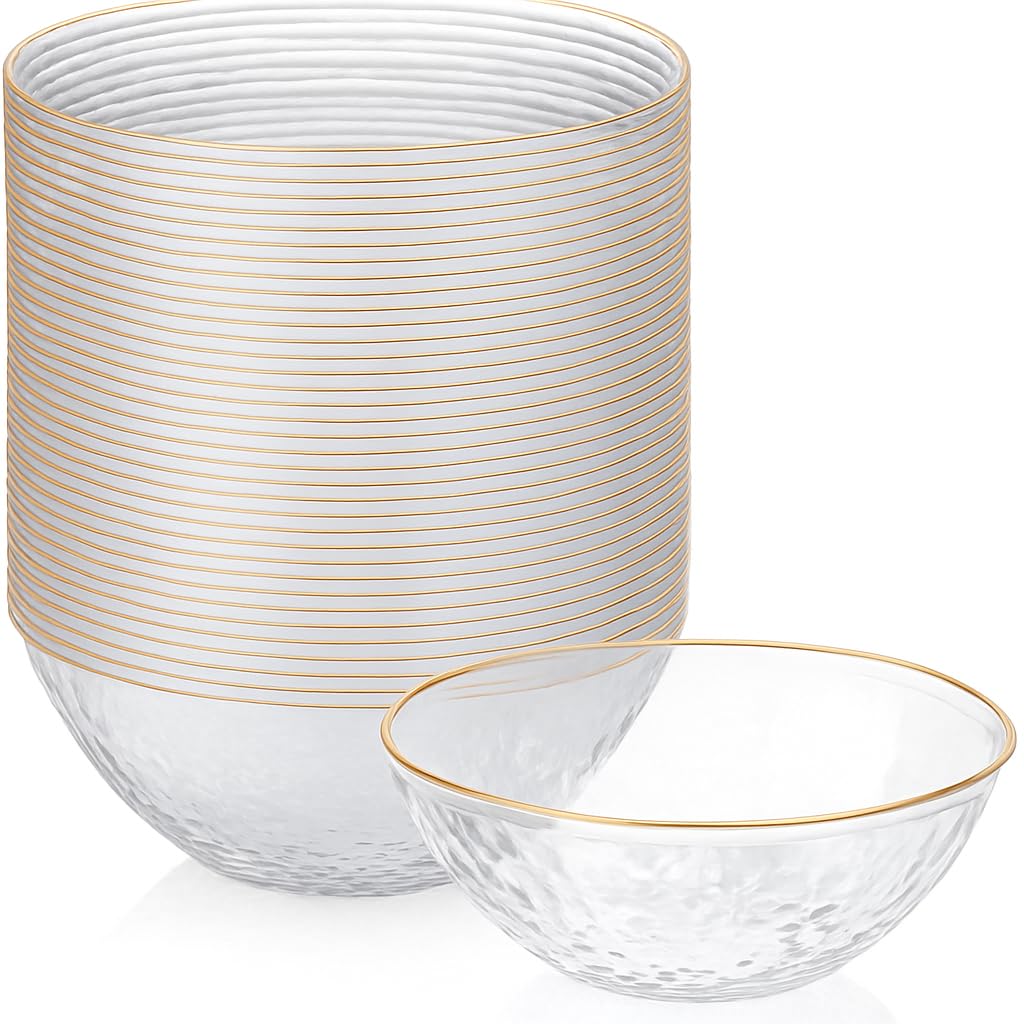 R-kay 100 Pack 7 Inch Clear Plastic Plates - Hammered Gold Rimmed Sturdy, Durable And Extra Heavy duty Gold Plastic Dessert, Appetizer Plates Disposable For All Occasions