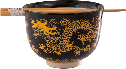 Urban Tokyo Handpainted Ceramic Glazed Japanese Ramen Udon Noodle Rice Bowl With Chopsticks 20 fl oz 5 inch Diameter Bowl Sets Color Box Packaging (Oriental Dragon Black)