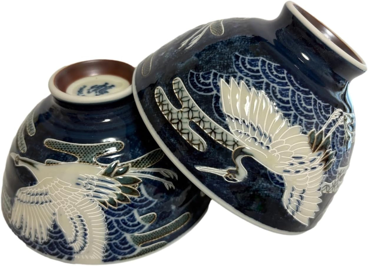 Japanese Mino Ware Ceramic Rice Bowl Set, 4.84 Inches Diameter x H2.56 Inches, 13.3 Fluid Ounces Set of 2 from Japan (Rabbits and Flowers Design)