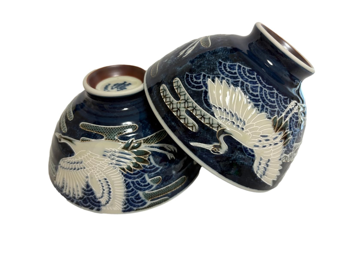 Japanese Mino Ware Ceramic Rice Bowl Set, 4.84 Inches Diameter x H2.56 Inches, 13.3 Fluid Ounces Set of 2 from Japan (Rabbits and Flowers Design)