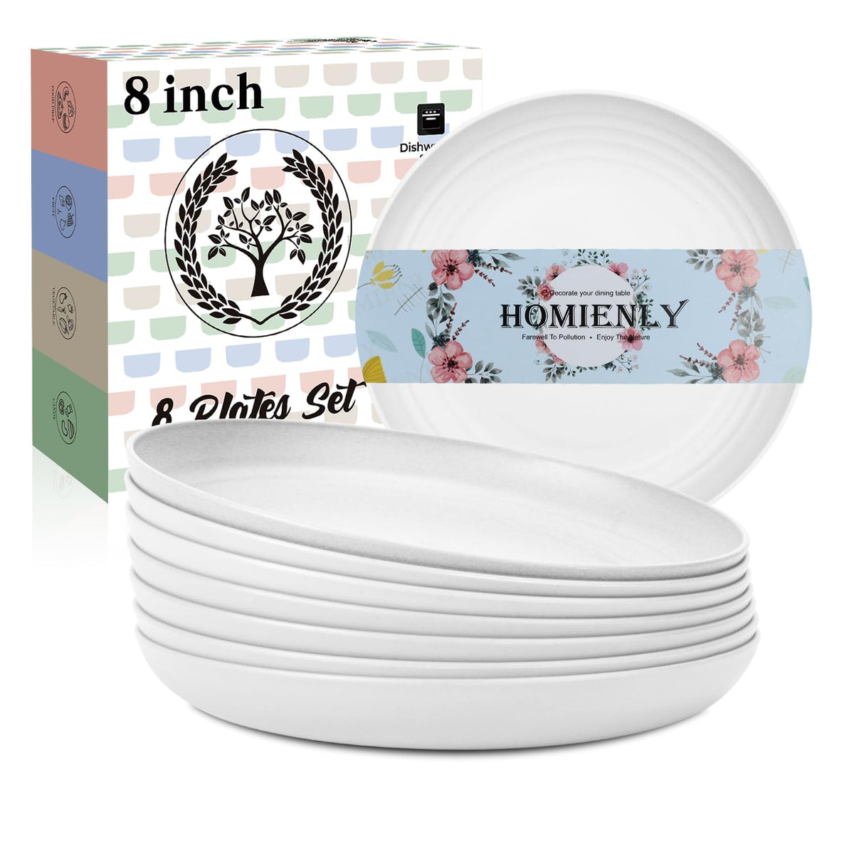 Homienly Deep Dinner Plates Set of 8 Alternative for Plastic Plates Microwave and Dishwasher Safe Wheat Straw Plates for Kitchen Unbreakable Kids Plate Set with 4 Colors (Classic Bright, 9 inch)