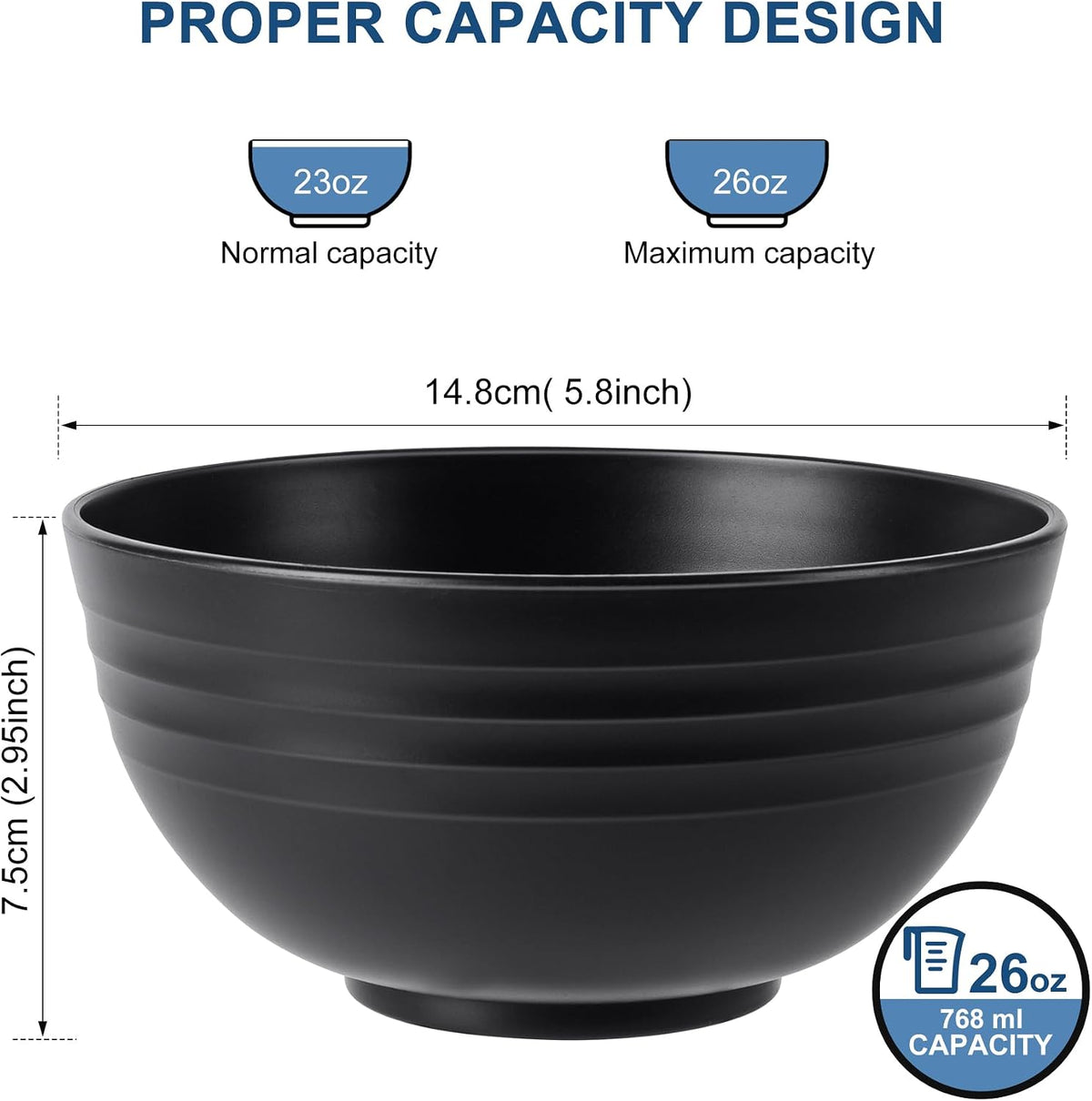 HOTEC 26oz BPA Free Wheat Straw Cereal Plastic Bowls, Set of 8 Black